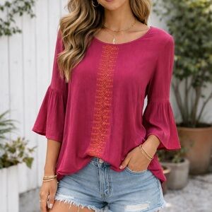 Red Camel Berry Embroidered Bell Sleeve Top M